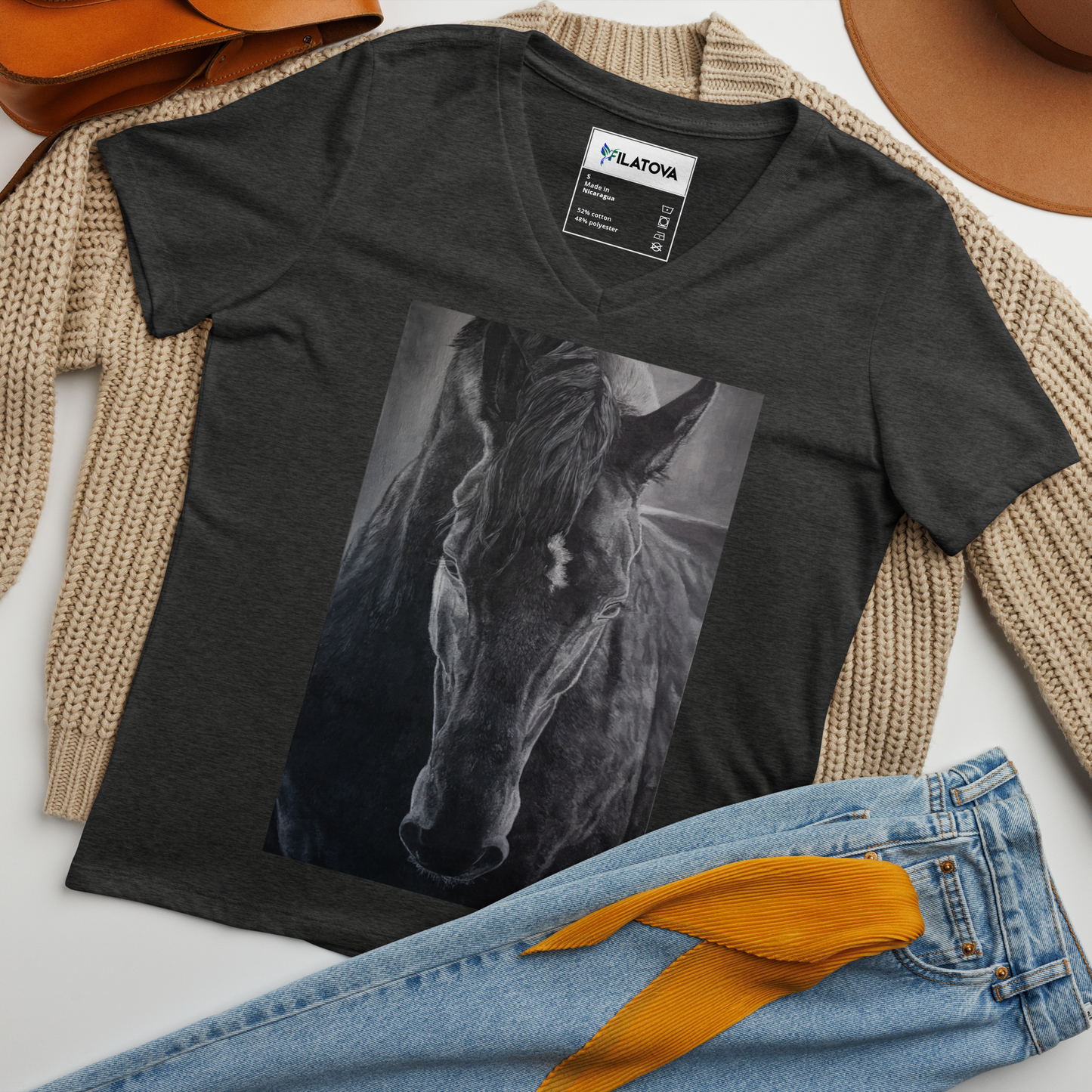 Dark Grey women’s v-neck t-shirt with horse